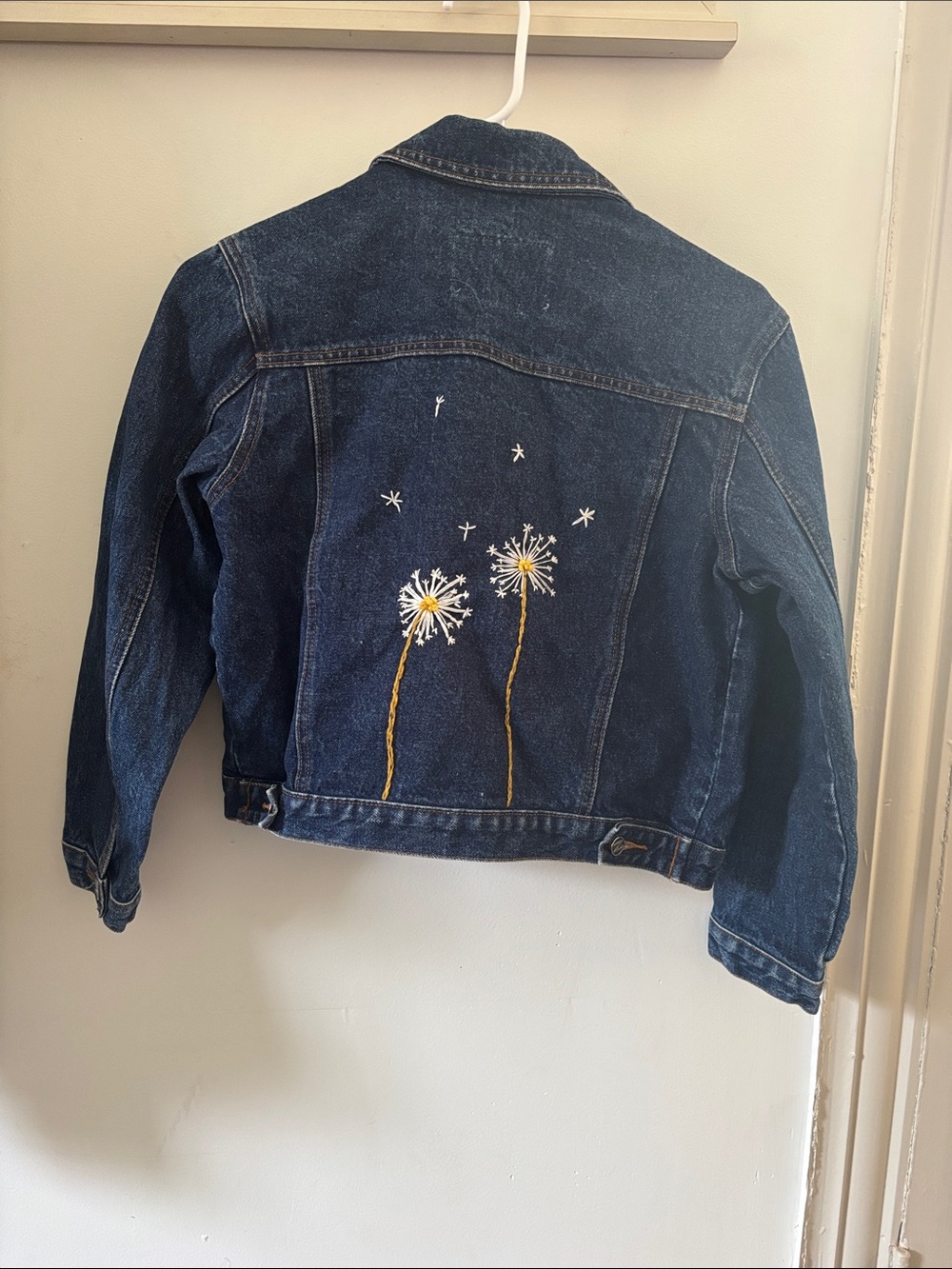 Juniors Dark Blue Denim Jacket with Custom Hand Embroidered Dandelions